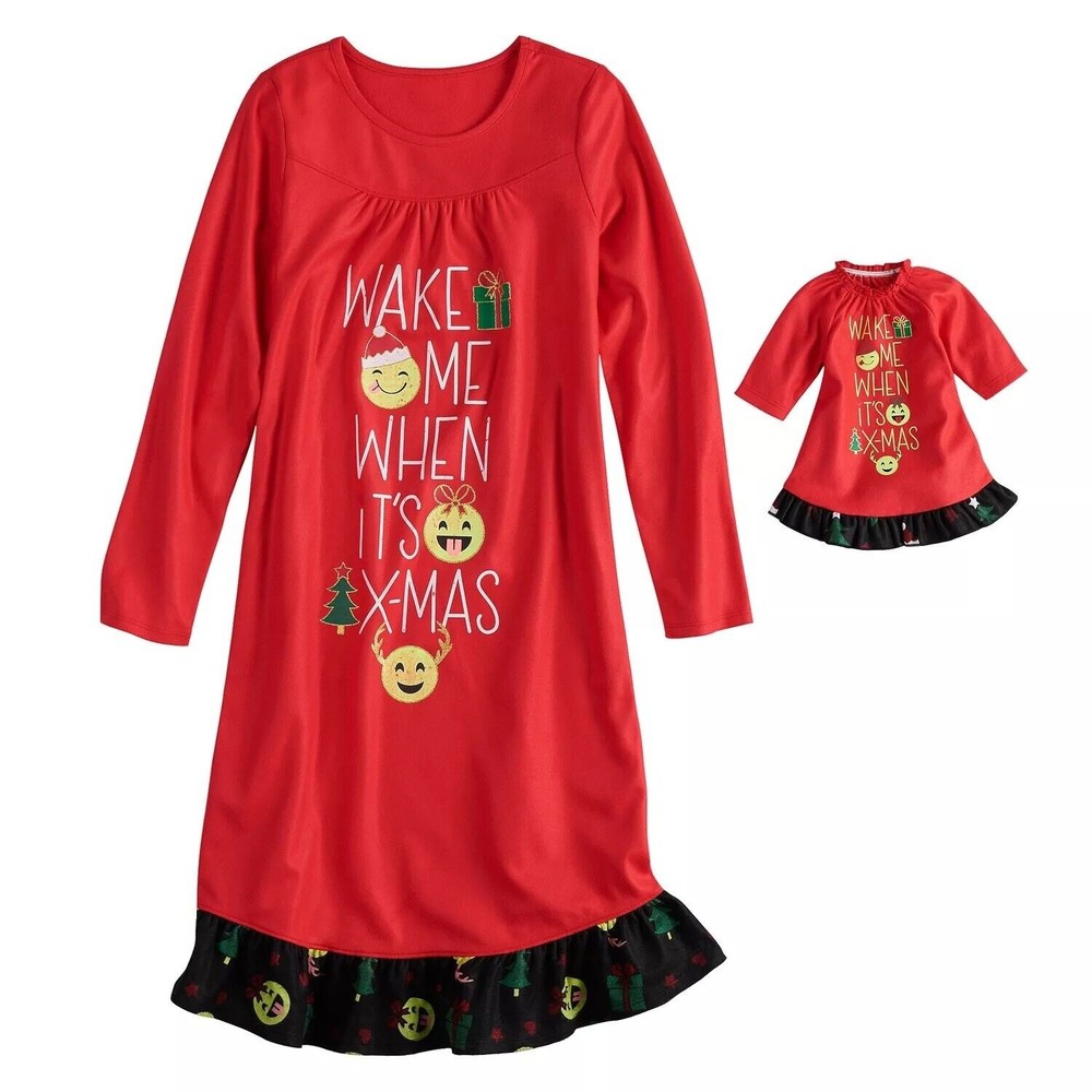 NEW SO Girl's Wake Me When It's Xmas Red Nightgown Doll Gown Set Sizes 4 and 5-6